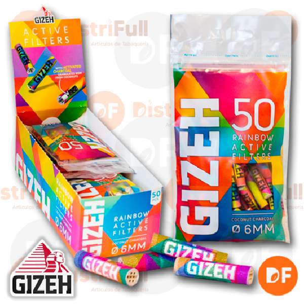 FILTRO GIZEH RAINBOW ACTIVE CHARCOAL 6mm bolsa x 50 