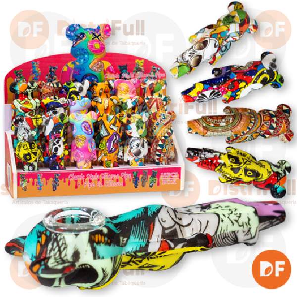 PIPA SILICONA VIDRIO OSITO DIBUJOS VCOLORES x 1 
